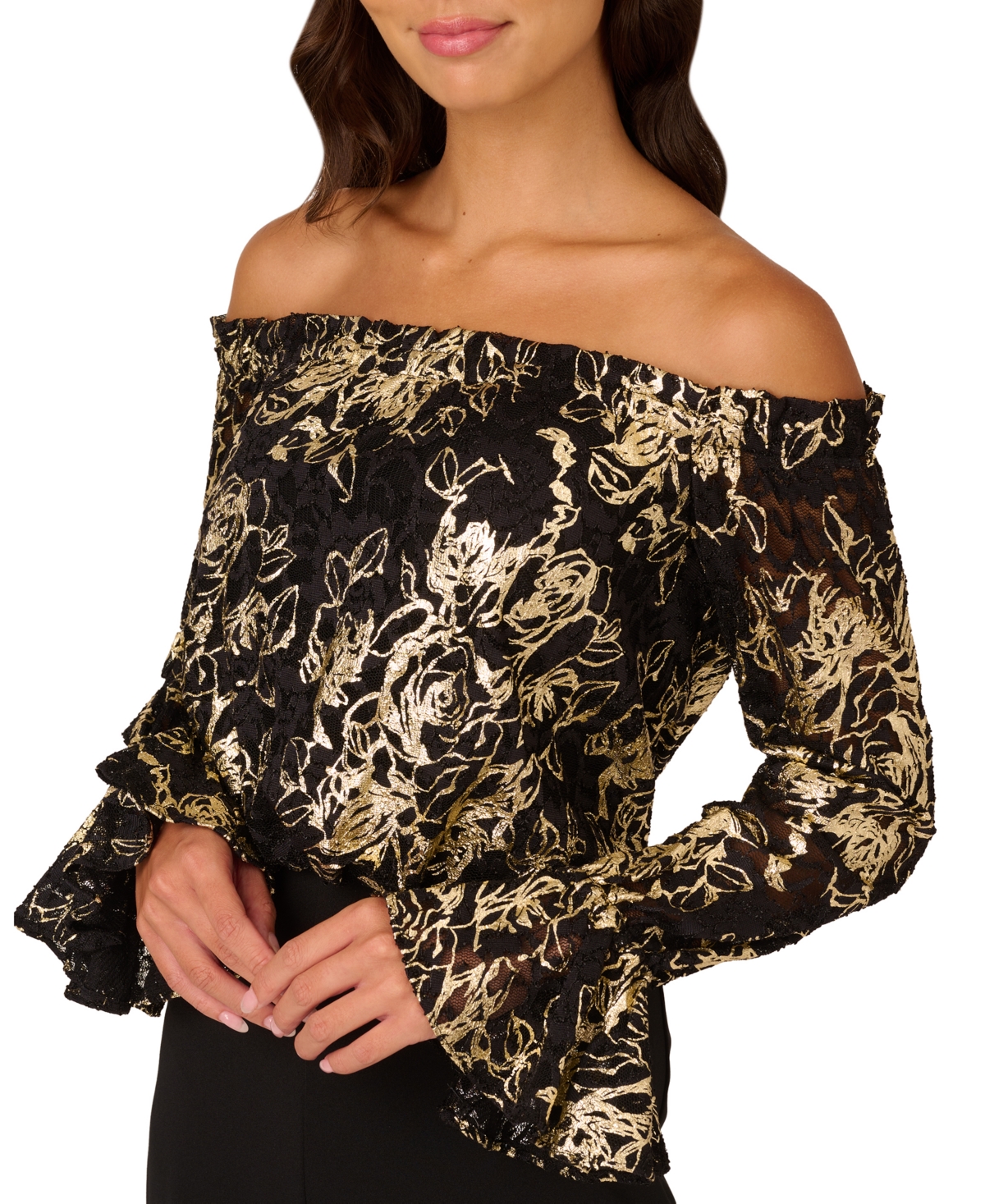 ADRIANNA PAPELL WOMEN'S OFF-THE-SHOULDER LACE & CREPE JUMPSUIT 