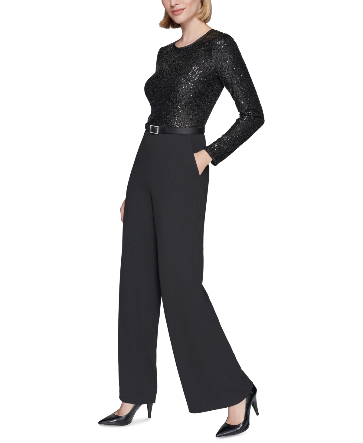 Karl Lagerfeld Paris Women's Sequin-Top Wide-Leg Jumpsuit