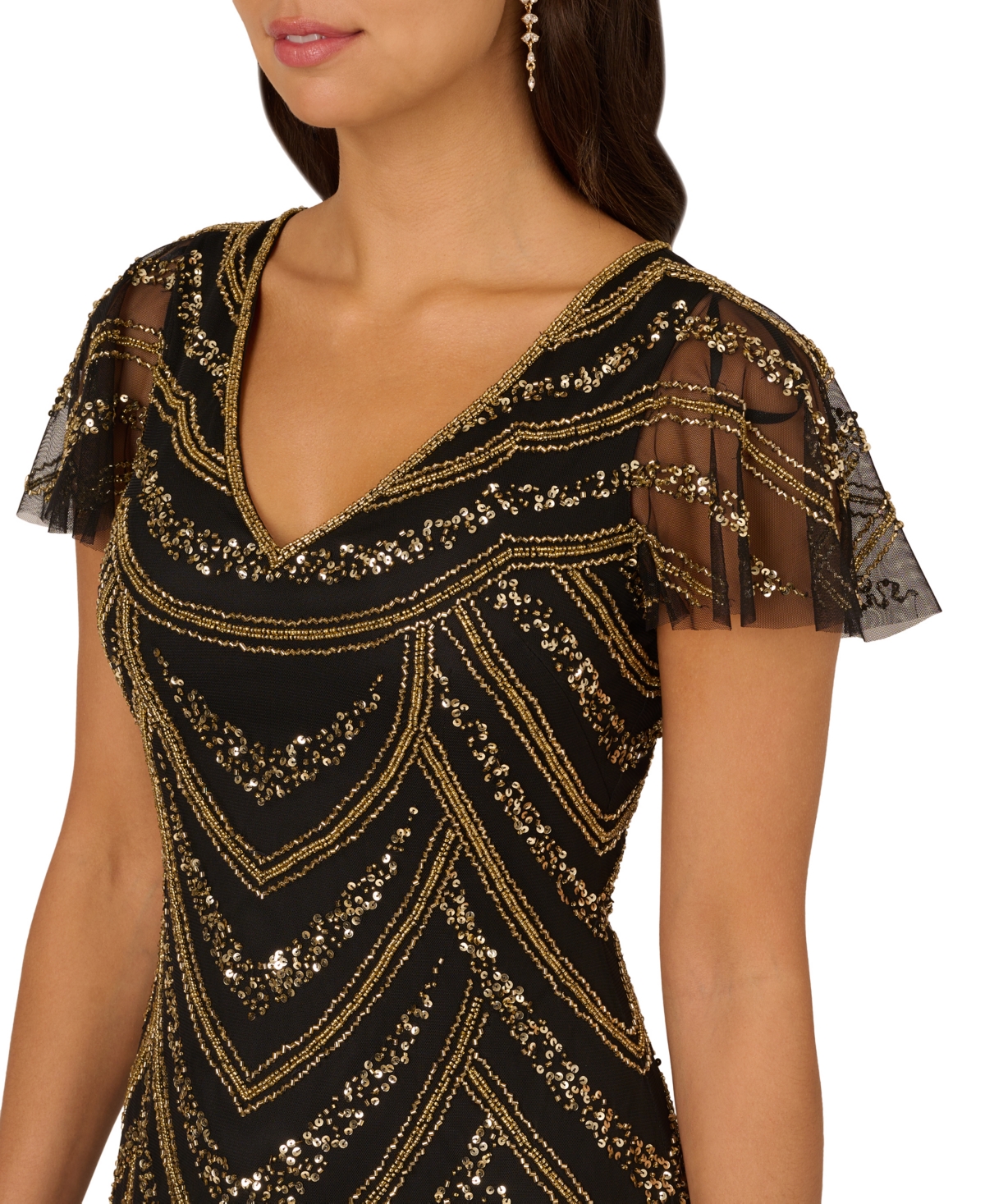 Adrianna Papell Women's V-Neck Beaded Mesh Midi Dress -Gold