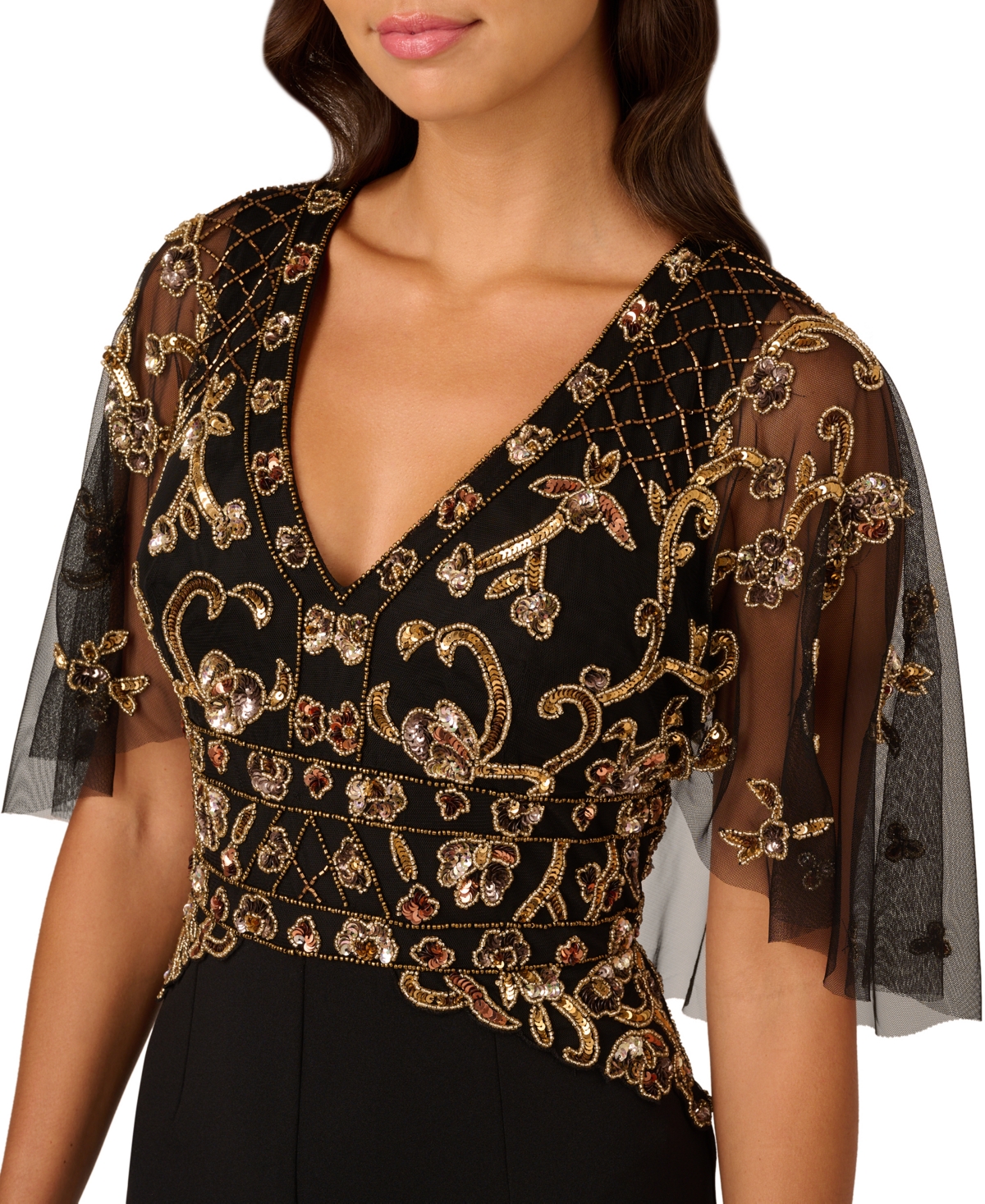 Adrianna Papell Women's Beaded Cape Crepe Jumpsuit