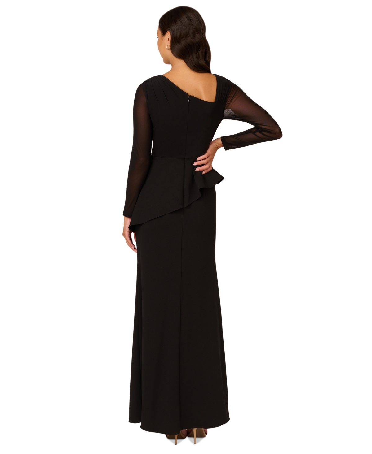 ADRIANNA PAPELL WOMEN'S MESH-LONG-SLEEVE CREPE GOWN 