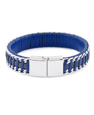 Blue Grey Leather with Chain Stainless Steel Bracelet