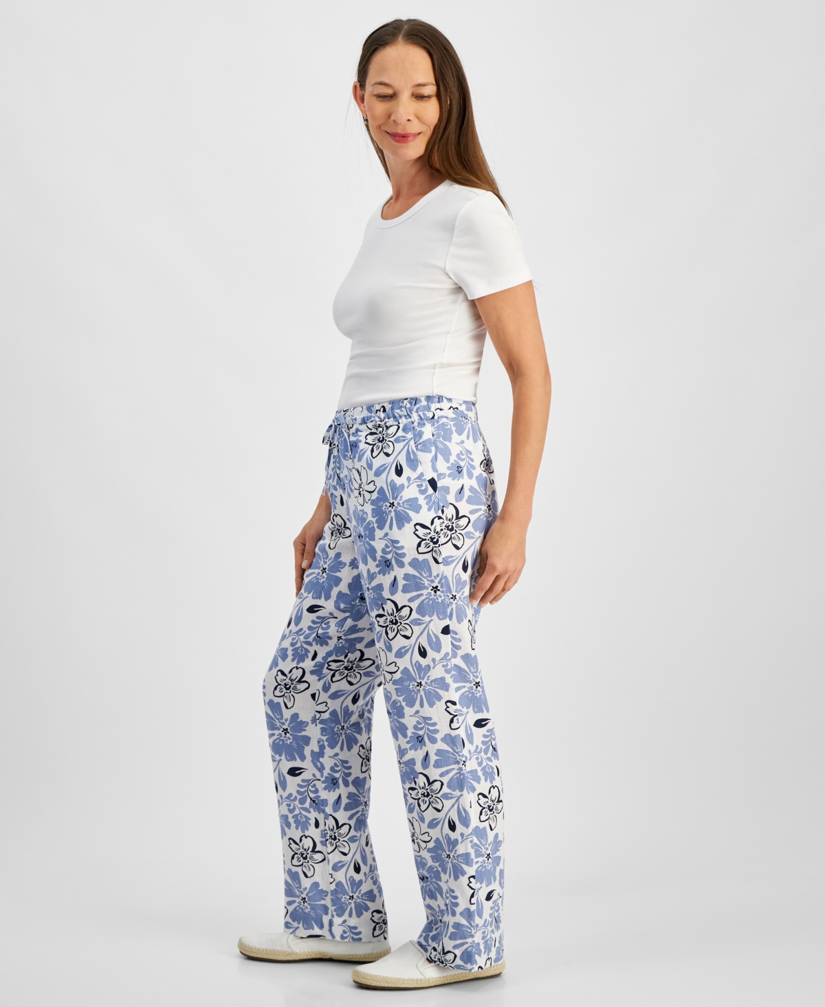 Charter Club Petite Printed Linen Tie-Waist Pants, Created for Macy's