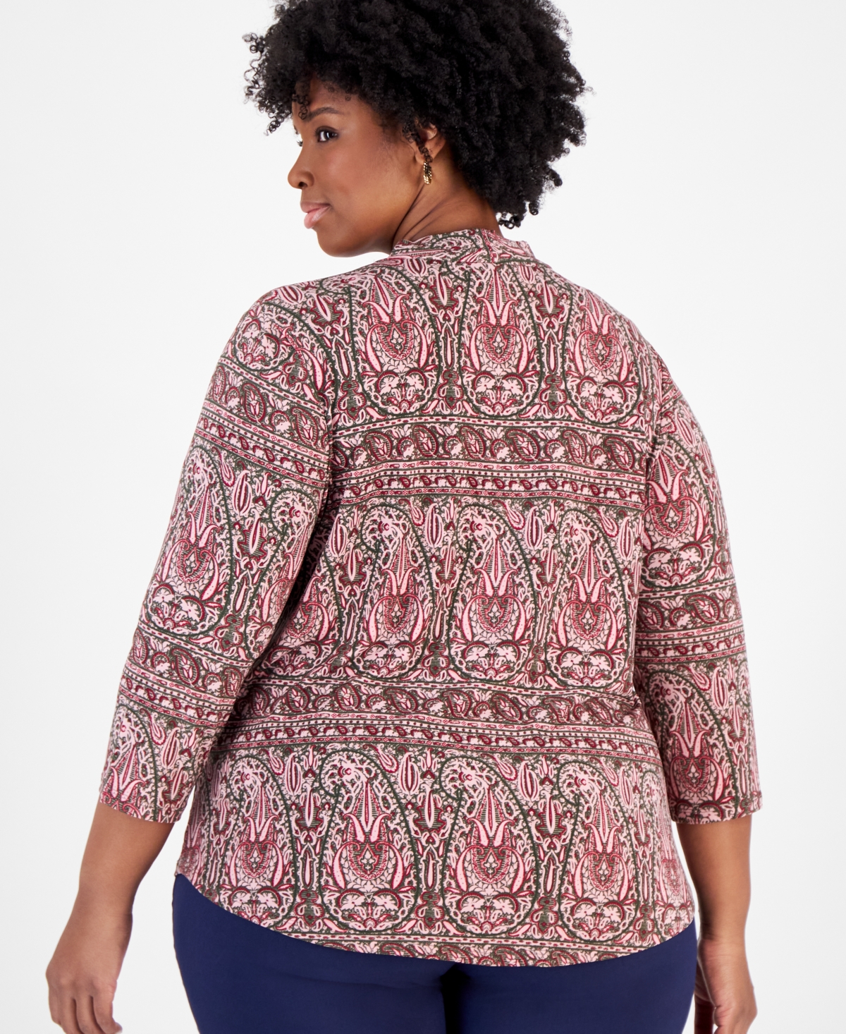 JM COLLECTION PLUS SIZE PAISLEY-PRINT 3/4-SLEEVE V-NECK TOP, EXCLUSIVELY AT MACY'S 