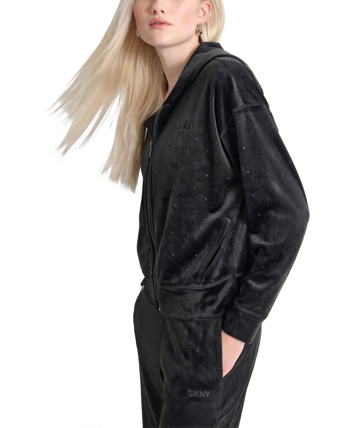 Dkny Sport Women's Rhinestone Embellished Hoodie In Blk,black
