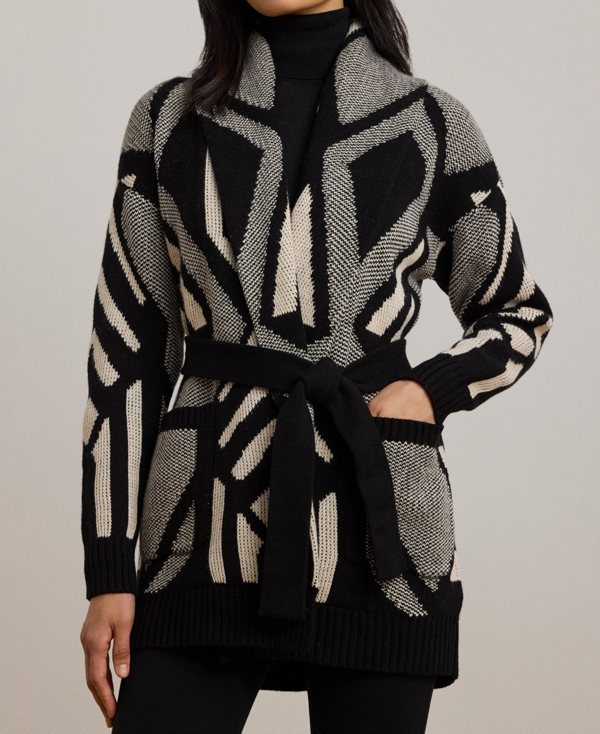 Lauren Ralph Lauren Women's Geo-Motif Belted Wool-Blend Cardigan -Mascarpone Cream