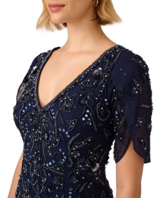 Women's Beaded Petal-Sleeve Mermaid Gown