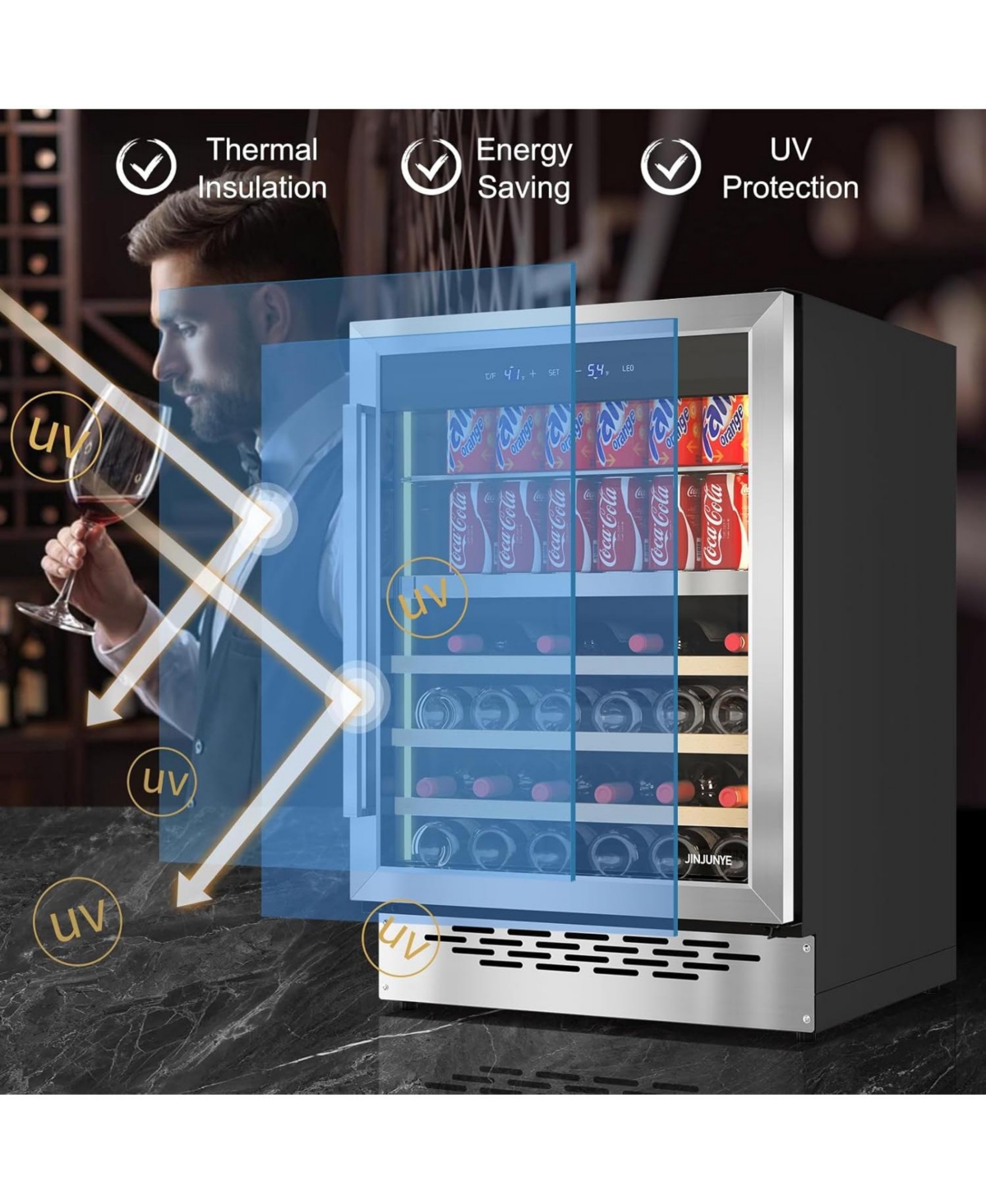 Jinjunye Wine Cooler, Dual Zone Wine and Beverage Refrigerator, 84Can+28Bottle, Temp Control, Built-in or Freestanding Wine Fridge for Red, Whi