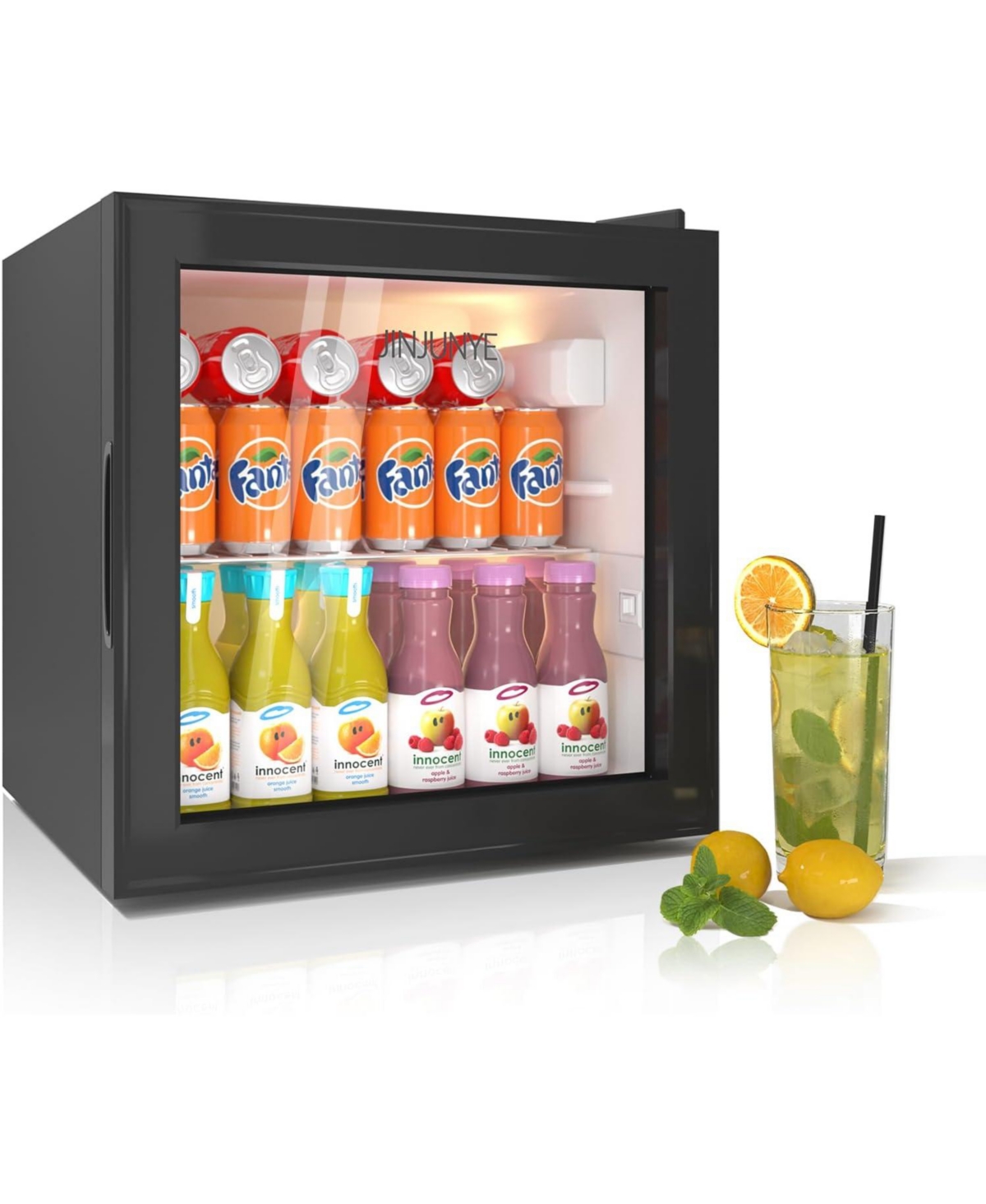 Jinjunye Beverage Refrigerator Cooler, 62 Can 1.6 Cu.ft Mini Fridge, Refrigerator with Glass Door for Beer Drinks Soda Wine, Freestanding Counte