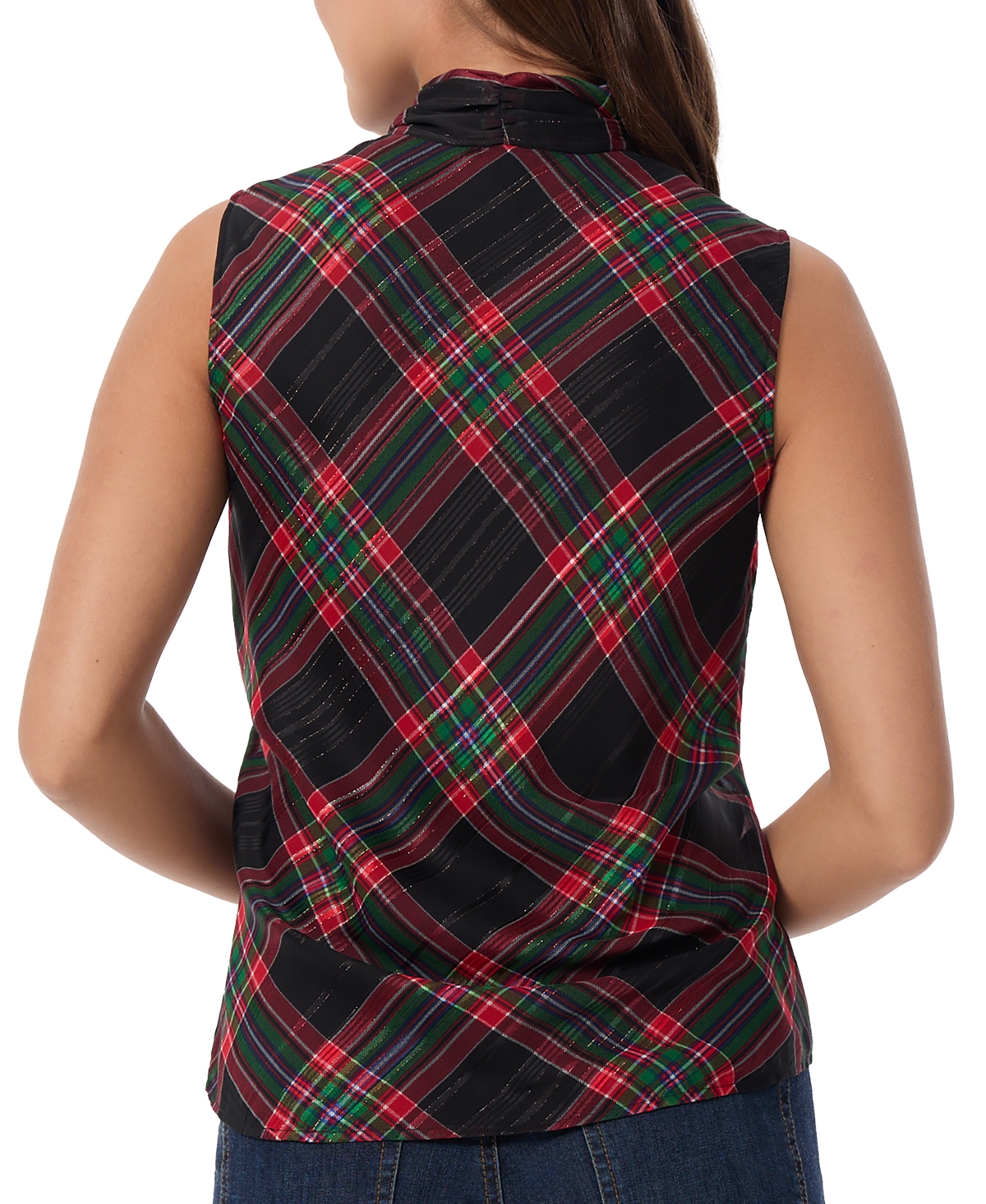 Jones New York Petite Plaid-print Bow-tie Sleeveless Top In Deep Rouge