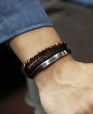 Black Tigers Eye Plated Leather Stainless Steel Bracelet