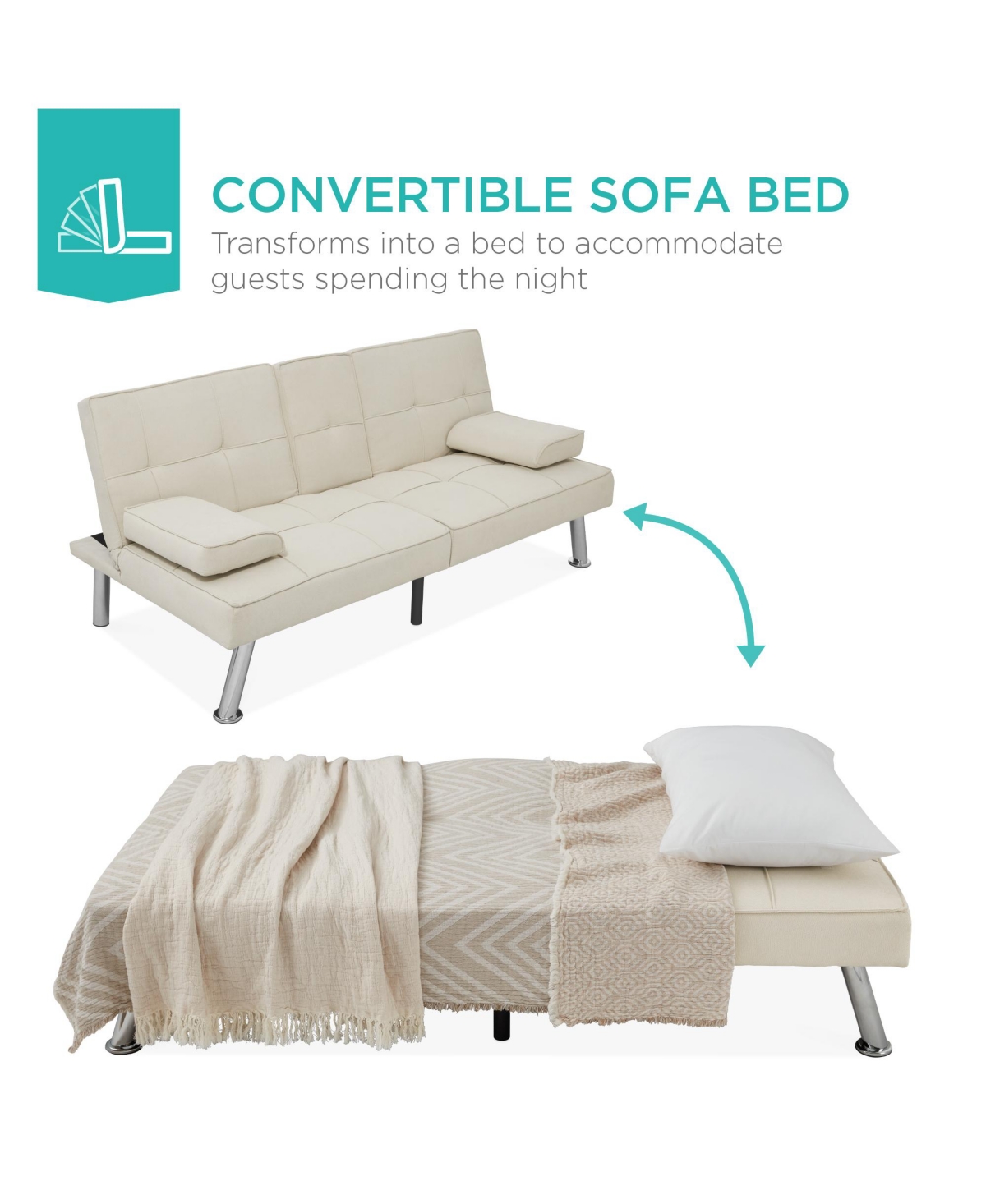 Best Choice Products Modern Linen Convertible Futon Sofa Bed w/ Removable Armrests, Metal Legs, Cupholders