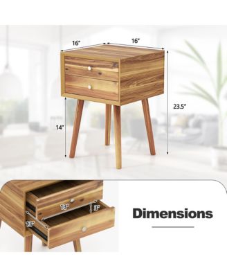 2PCS Wooden Nightstand Mid-Century End Side Table W/2 Storage Drawers