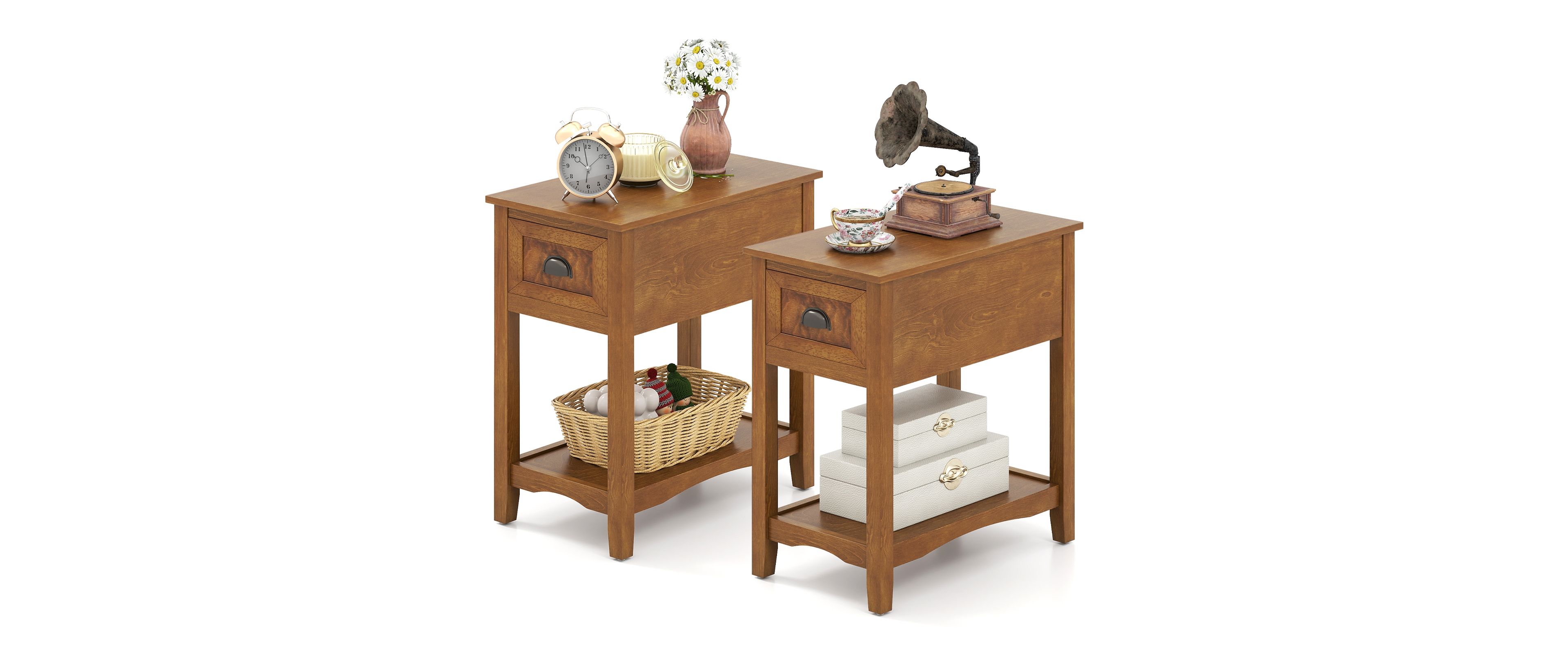 Gymax Set of 2 Contemporary Side End Table Compact Table w/ Drawer Nightstand Tawny