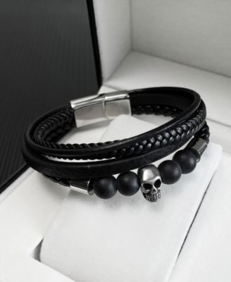 Silver Multi Leather Skull Stainless Steel Bracelet