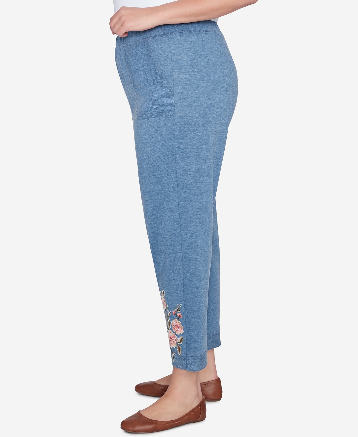 Alfred Dunner Plus Size Casual Fridays French Terry Knit Casual Floral Embroidered Ankle Pants