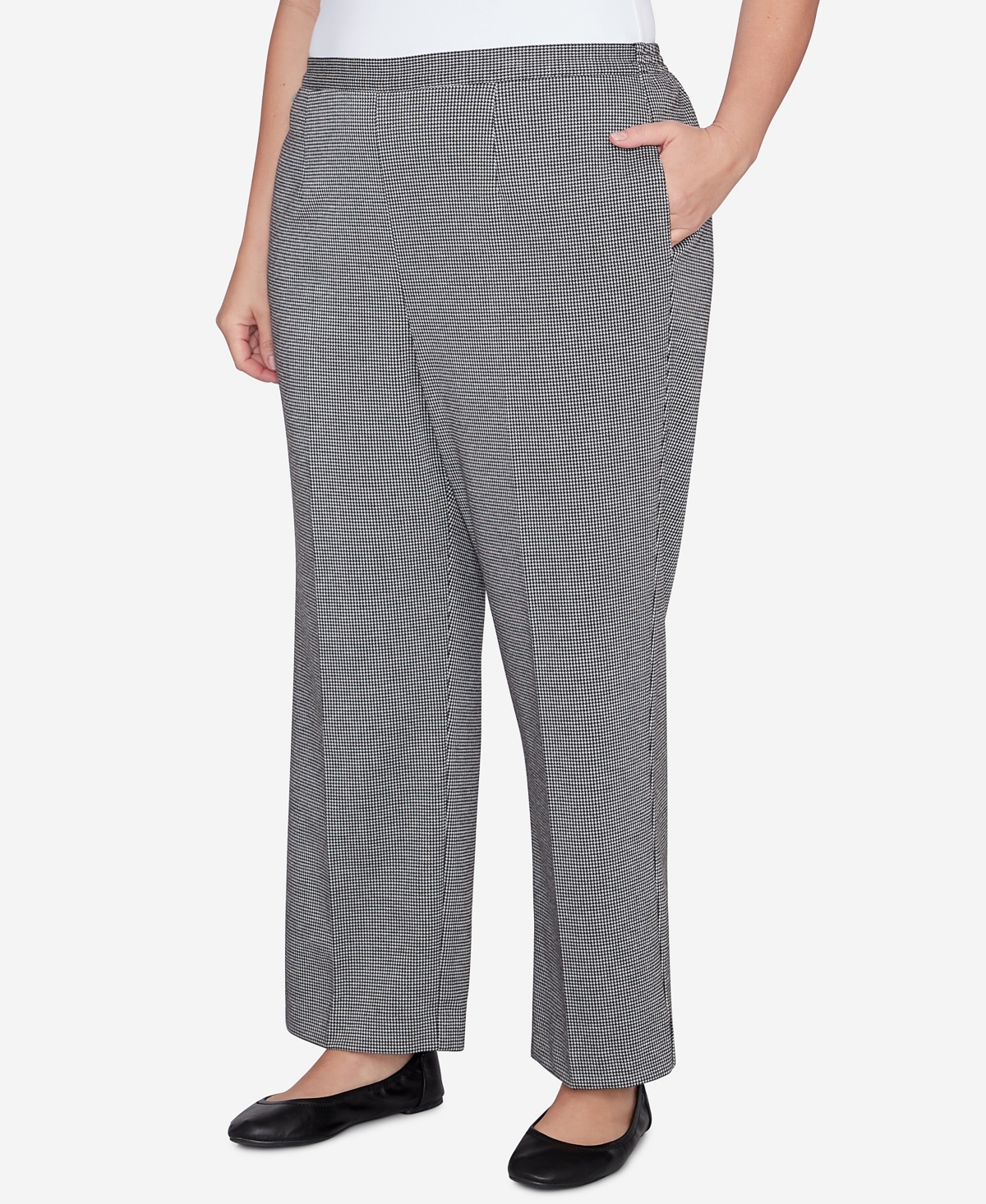 Alfred Dunner Plus Size Runway Ready Chic Pull On Houndstooth Short Length Pants -White Metallic