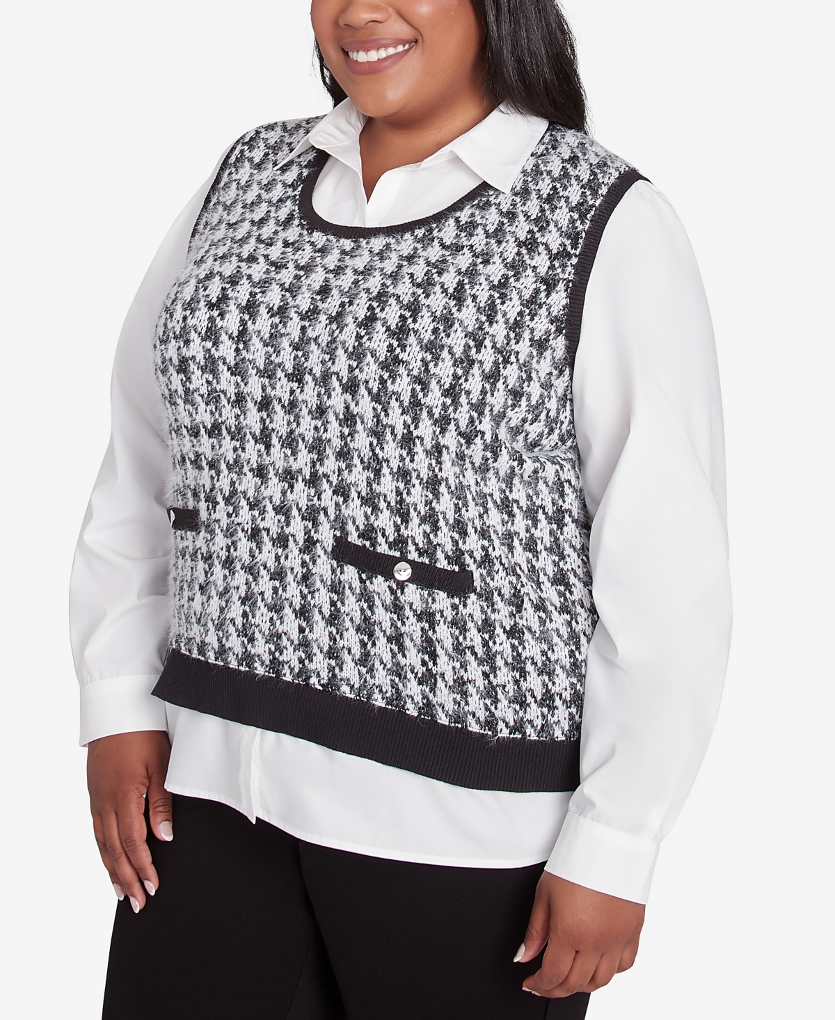 Alfred Dunner Plus Size Runway Ready Houndstooth Two In One Collared Sweater In Multi Black