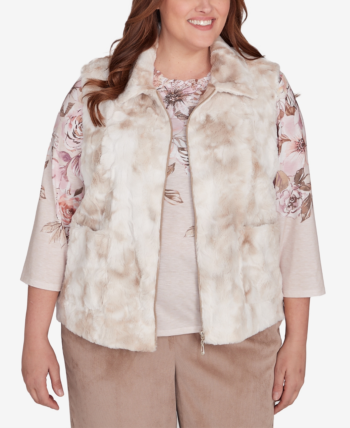 Alfred Dunner Plus Size Telluride Faux Fur Collared Vest In Fawn