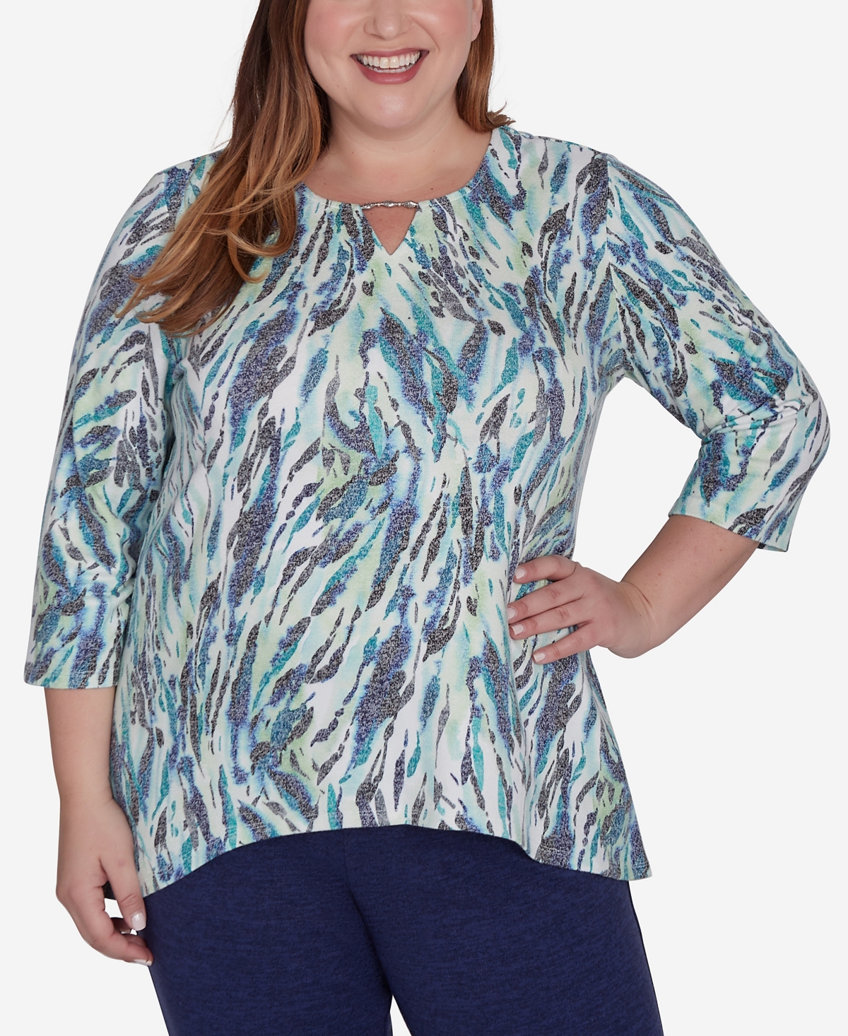 Alfred Dunner Plus Size French Quarter Teal Animal Print Split Neck Top In Multi Green