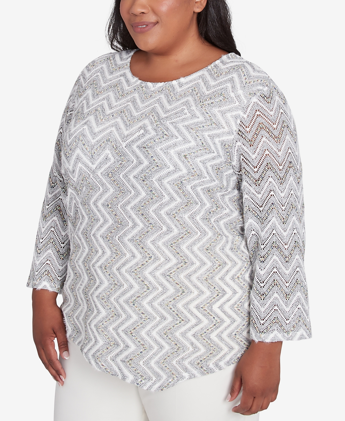 Alfred Dunner Plus Size Copenhagen Spliced Crew Neck Wavy Stripe Top In Grey Multi