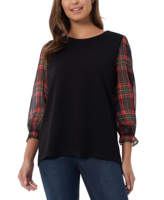 Jones New York - Women's Plaid-Sleeve Crewneck Top