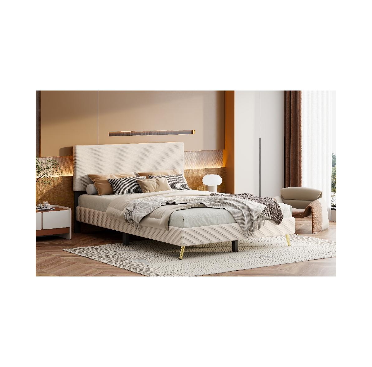 Slickblue Queen Size Corduroy Upholstered Bed Frame for Stylish Bedroom Elegance