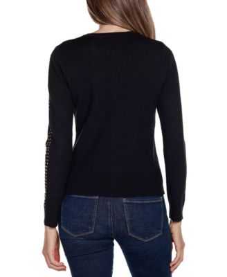 Women's Black Label Crewneck Embellished Zip Cardigan Sweater