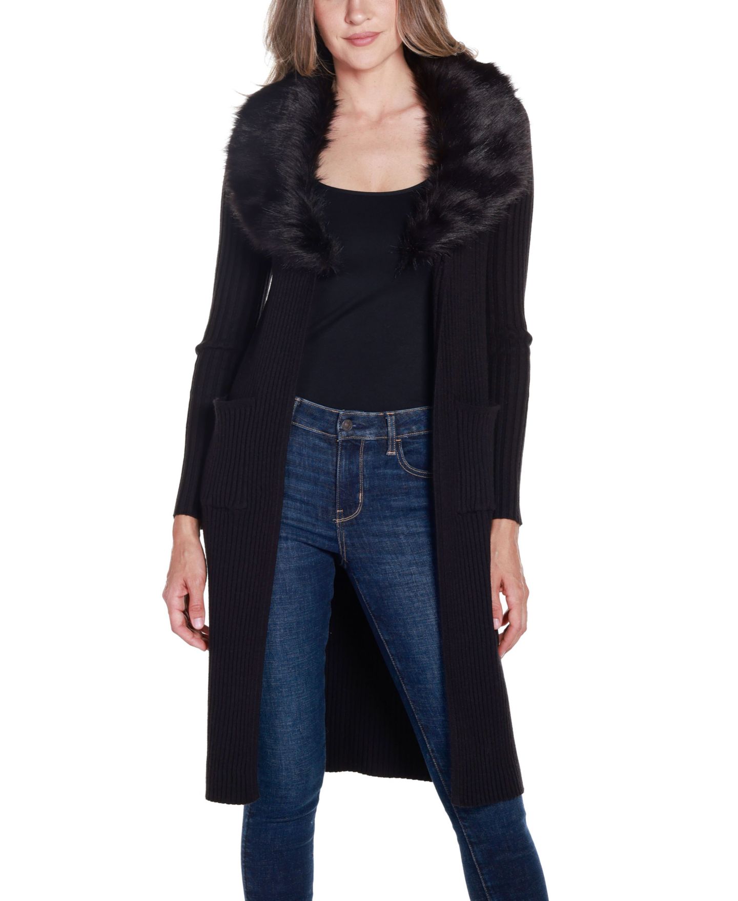 Женский кардиган Belldini Black Label Ribbed Faux-Fur Collar Duster Cardigan, цвет: Чёрный — фото 4