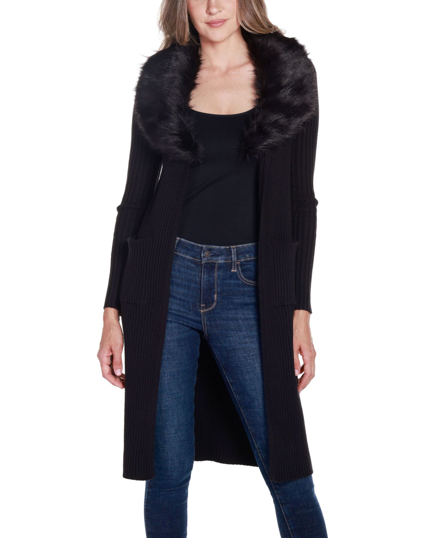 Black Label Women's Ribbed Faux-Fur Collar Duster Cardigan Sweater