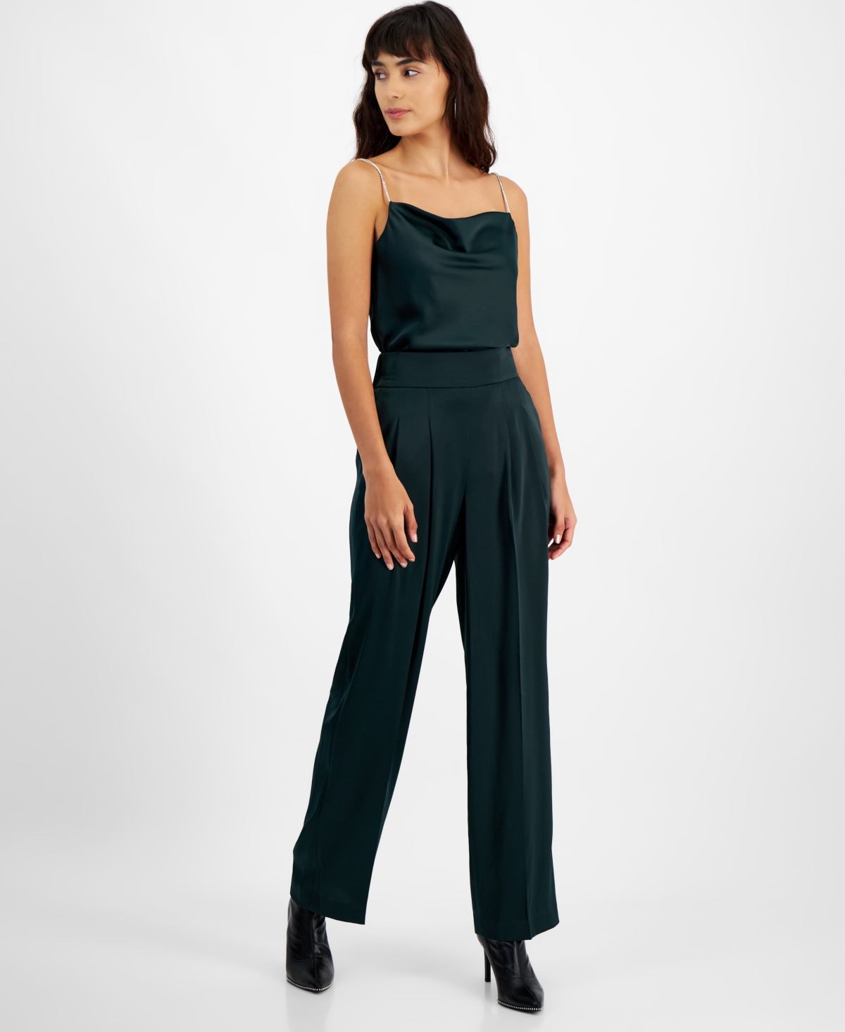 Bar Iii Women's Satin High Rise Pleat-Front Wide Leg Pants, Created for Macy's