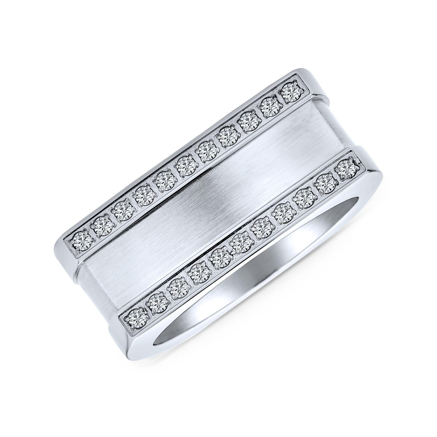 Greek Key Geometric Pave CZ Accent Cubic Zirconia Cross Mens Rectangle Signet Statement Band Ring For Men Stainless Steel