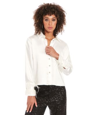 Muse - Women's Collared Button-Front Long-Sleeve Satin Shirt