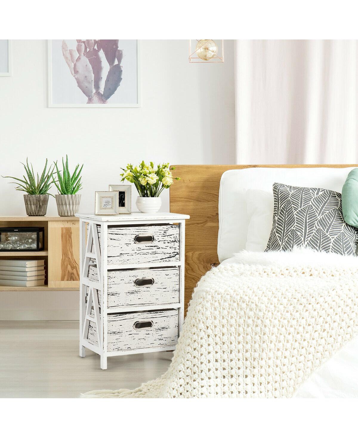Gymax Chest w/3 Fabric Drawers Vintage Wood Frame End Table Side Sofa Table Nightstand