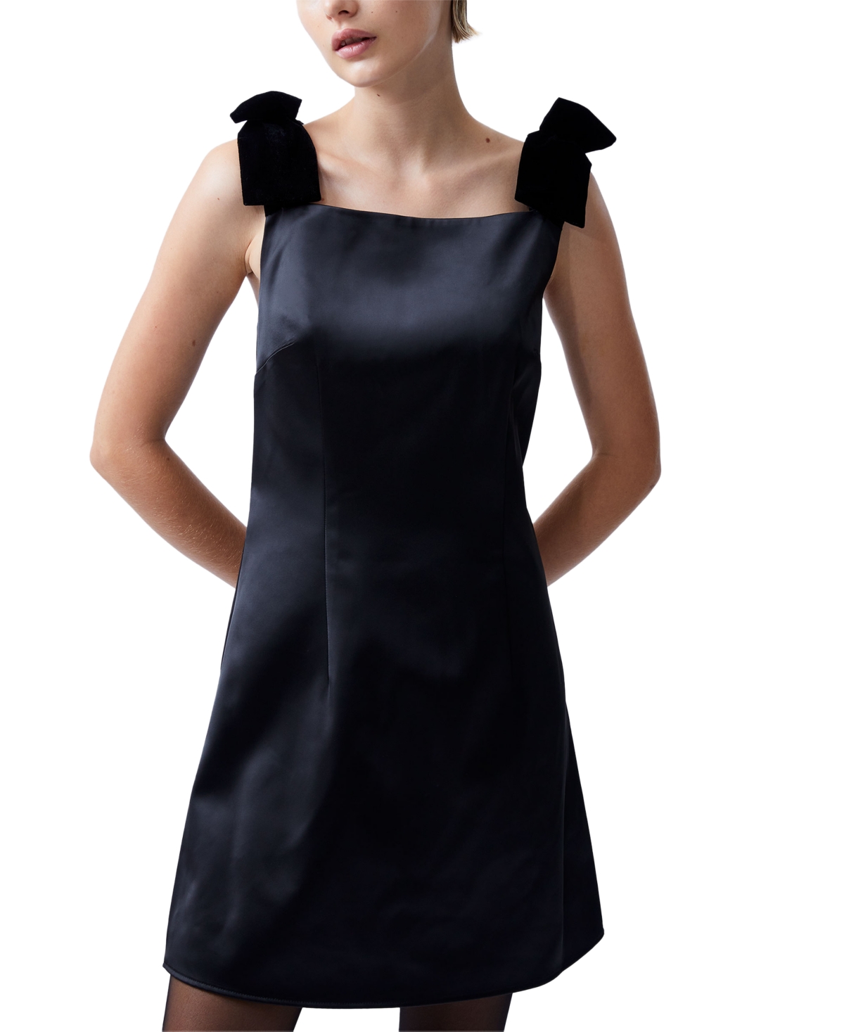 French Connection Carey Bow Shoulder Satin Minidress In Blackout