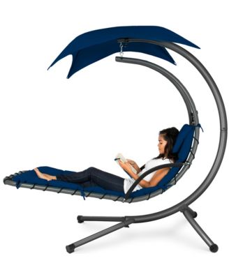 Hanging Curved Chaise Lounge Chair Swing for Backyard, Patio w/ Pillow, Shade, Stand