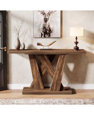 55-Inch Farmhouse Console Table, Entryway Table with Geometric Base, Narrow Sofa Table Rustic Wood Hallway Table, Rustic Brown