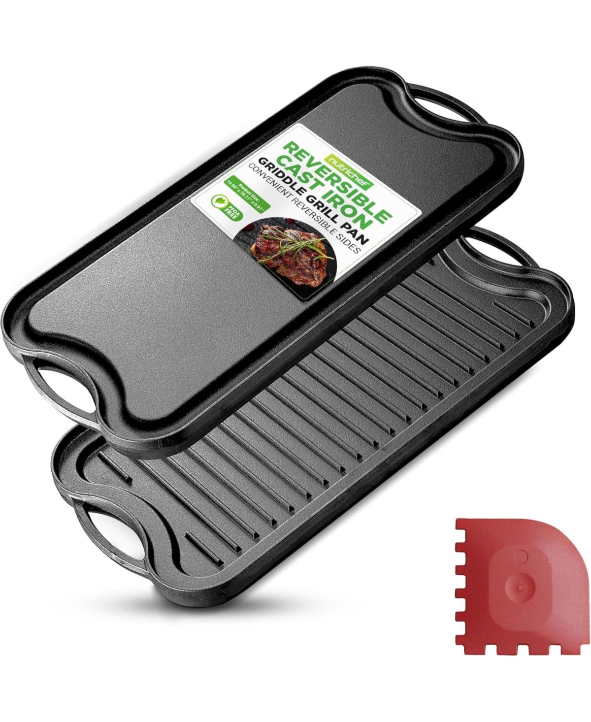 NutriChef Kitchen Flat Grill Plate Pan - Reversible Cast Iron Griddle, Classic Flat Grill Pan Design with Scraper - Black