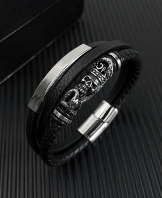 Black Skull Snake Leather Stainless Steel Bracelet