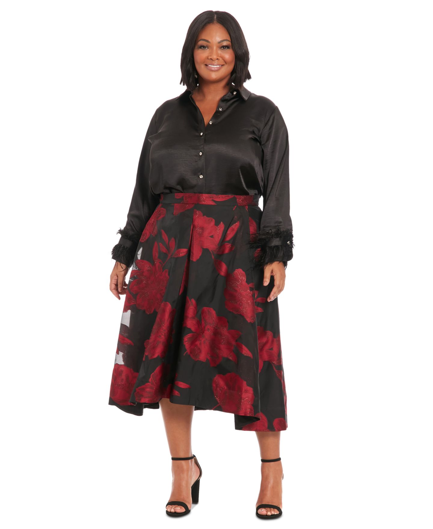 Женская юбка Muse Plus Size Pleated Floral-Print Organza, цвет: Чёрный красный — фото 4