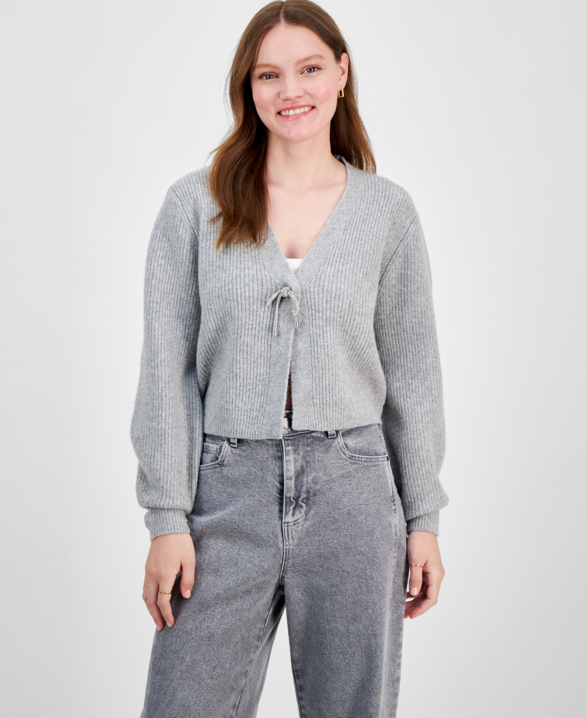 Juniors' Bling Bow Long-Sleeve Cardigan - Lt Heather Grey