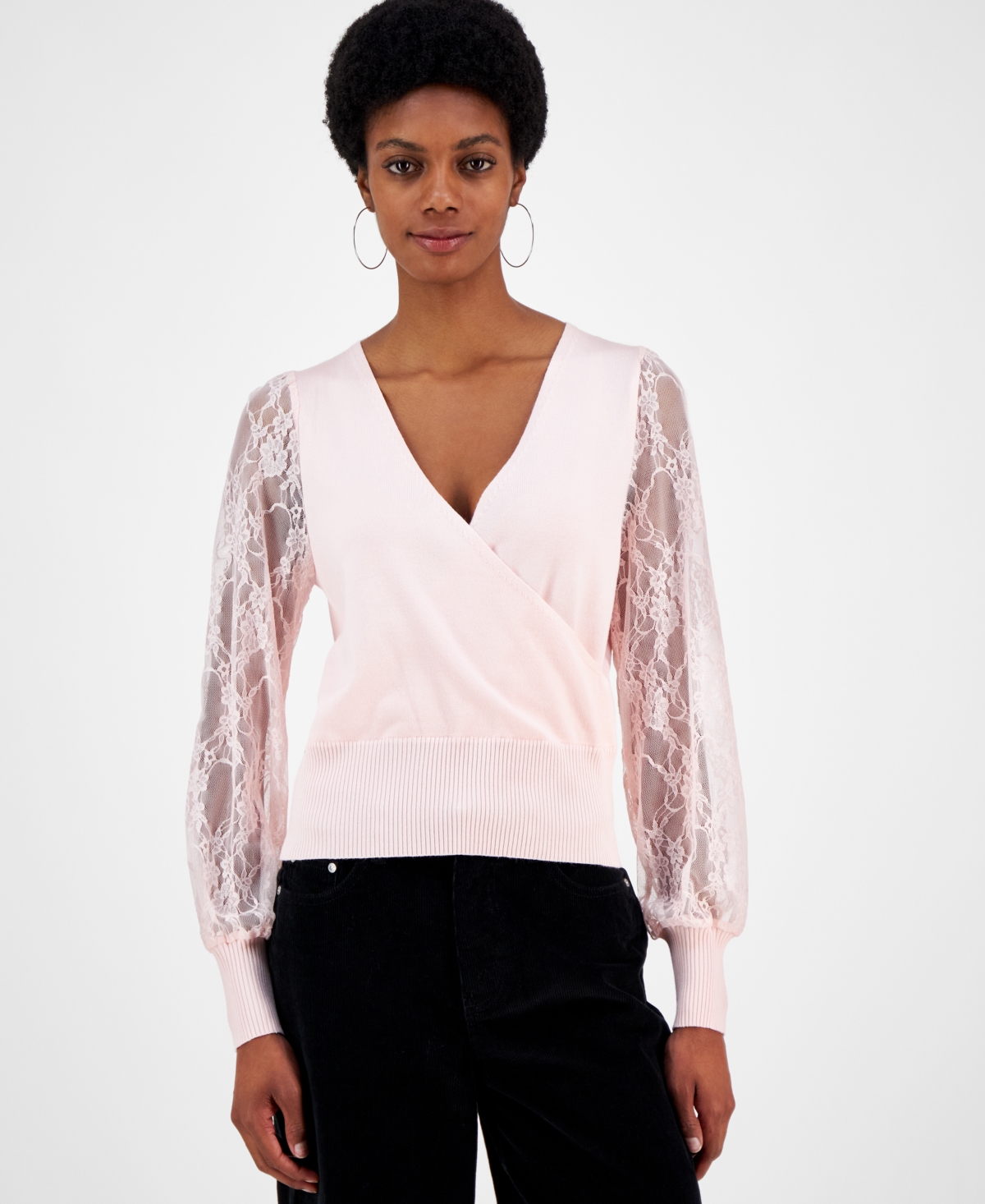 Madden Girl Juniors' Surplice-neck Lace-sleeve Sweater In Icy Pink