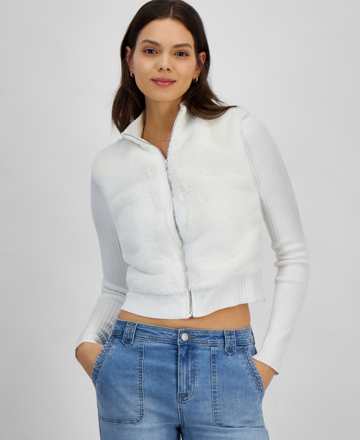 Ultra Flirt Juniors' Faux-fur-trim Zip-front Cardigan In Gardenia