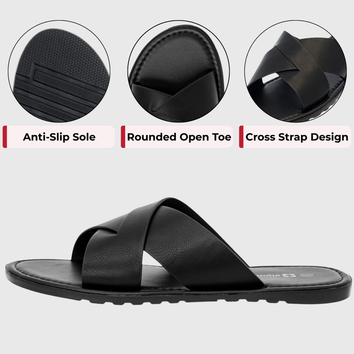Мужские сандалии Alpine Swiss Hugo Faux Leather Slide Sandals Indoor Outdoor Anti-Slip Shoe Cross Strap Design Flip Flops, цвет: Чёрный — фото 7