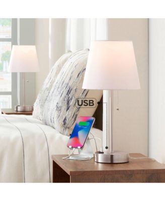Justin 18" High Small Modern Accent Table Lamps Set of 2 USB Port Pull Chain Silver Finish Metal Living Room Charging