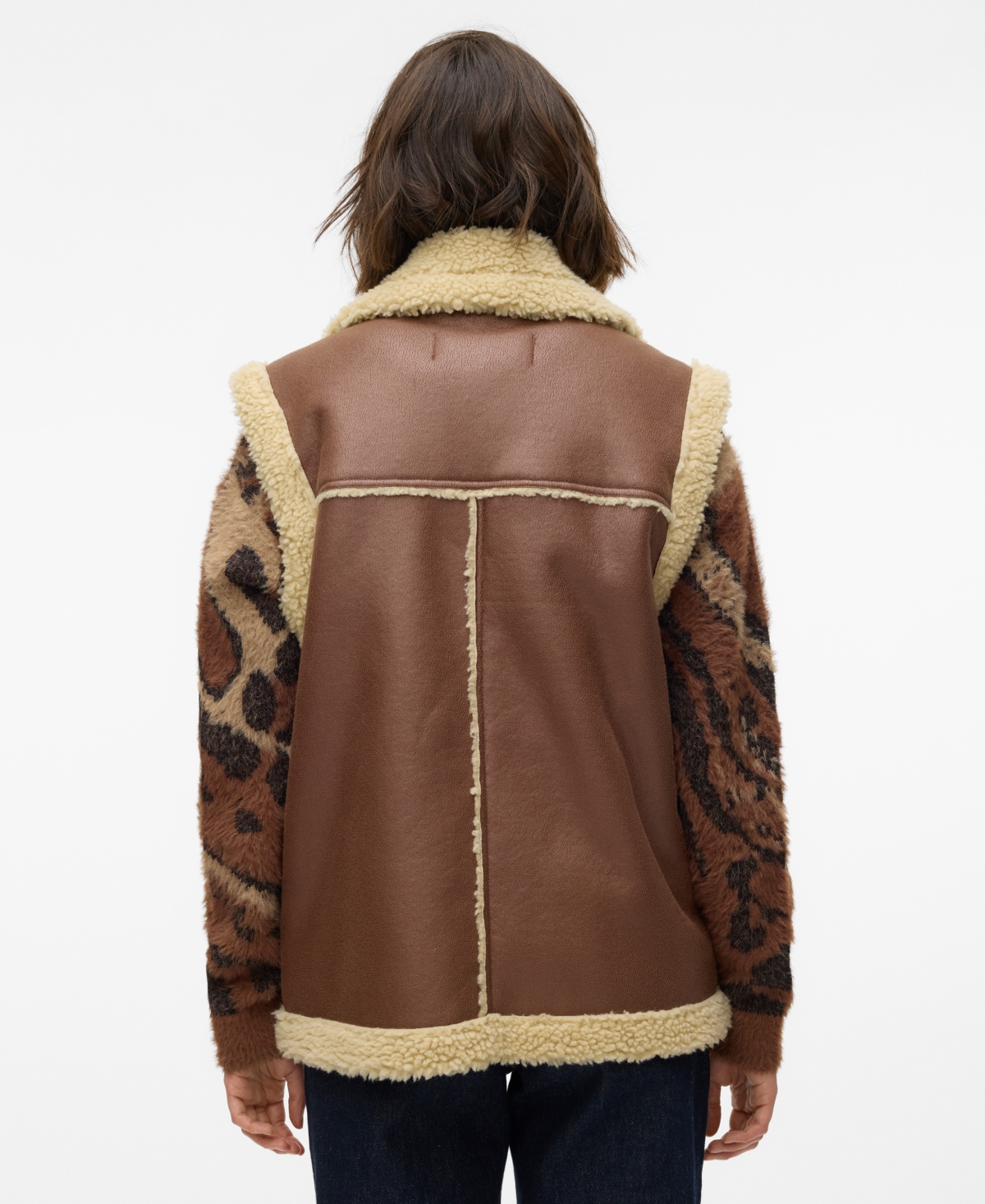 Vero Moda Women's Kay Faux-leather Teddy-line Jacket In Pinecone