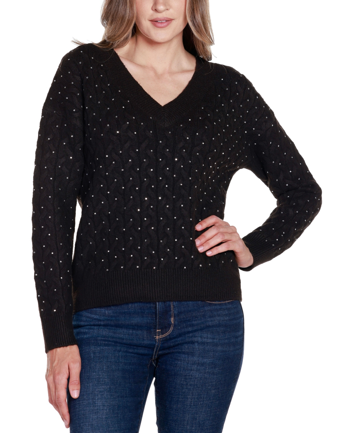 Belldini Women'sLabel Embellished Cabled V-Neck Sweater - Black
