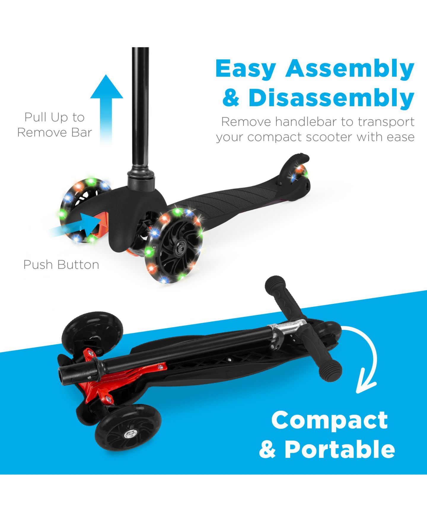 Детская игрушка Best Choice Products Mini Kick Scooter with Light-Up Wheels, Height Adjustable, Three-Wheel, 88 lbs Capacity, Ages 3+, цвет: Чёрный — фото 3