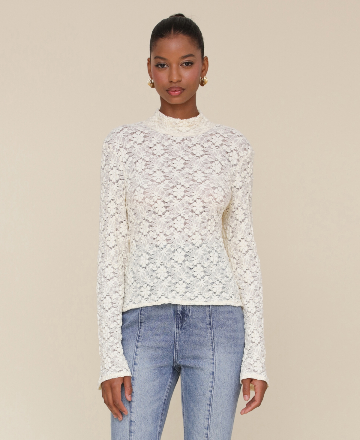 AVEC LES FILLES WOMEN'S LACE LONG-SLEEVE TURTLENECK TOP