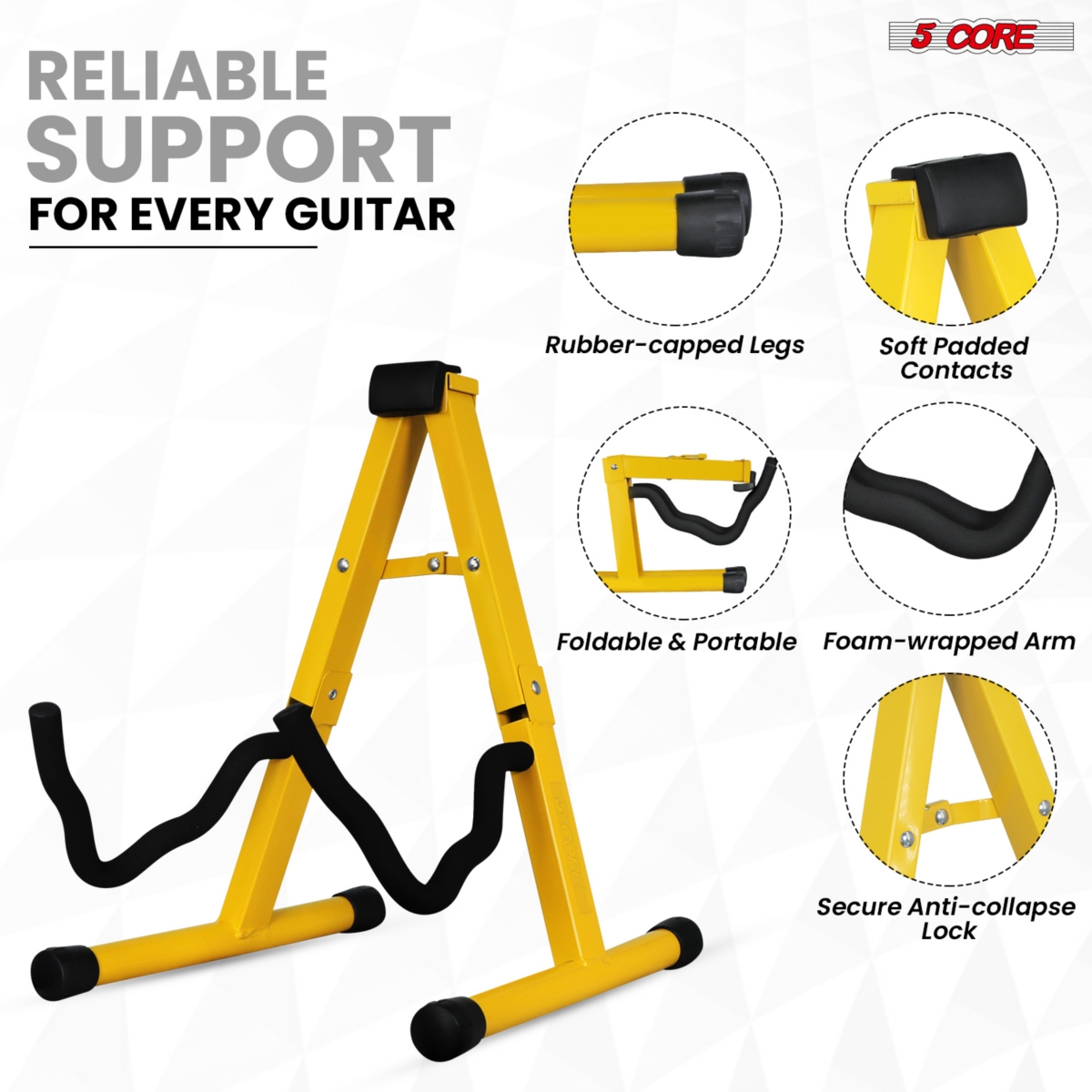 5 Core Guitar Stand Floor A Frame Electric Acoustic Bass Soporte Para Guitarra - Yellow